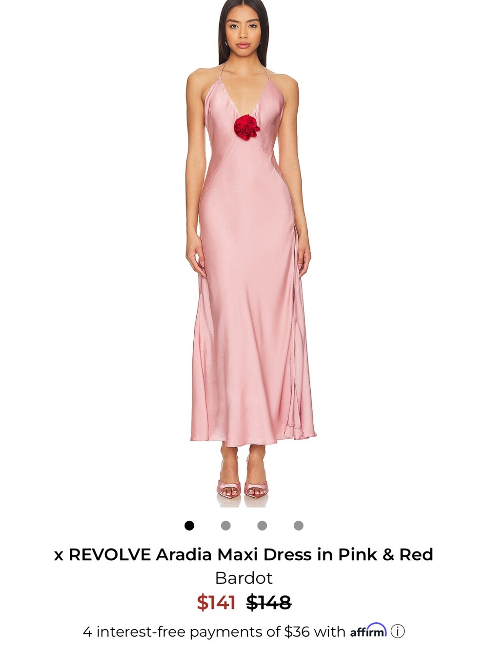 Bardot Pink Halter Maxi Dress with Red Rosette